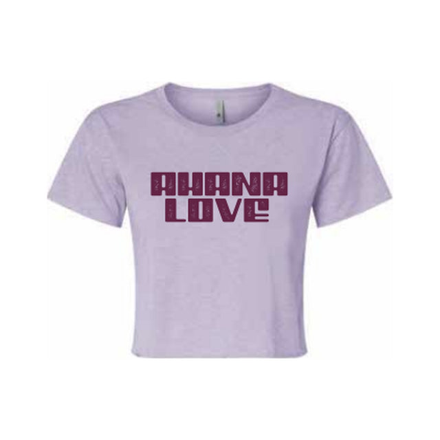 Ahana Love crop top in Lavender with plum Ahana Love logo on the front