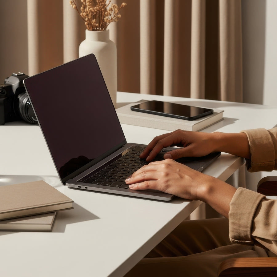 A person typing on a dark gray laptop at a white desk, with a smartphone, camera, and books nearby in a warm, modern room setting.