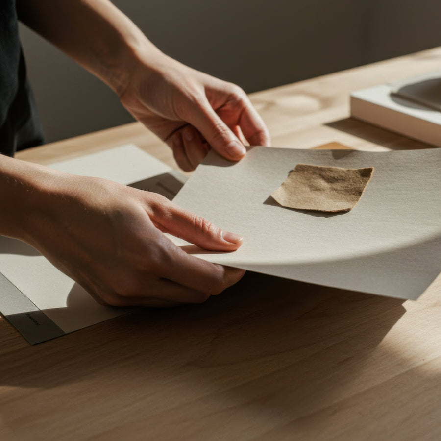 A close-up of a person's hands holding a sheet of textured beige material over a wooden desk, with a small matching fabric swatch placed on the sheet.