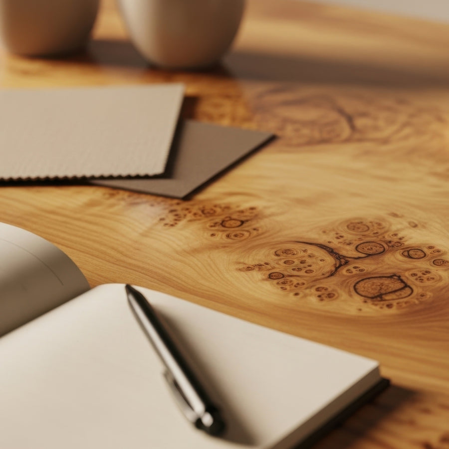 A close-up of a warm-toned wooden tabletop with prominent natural burl wood grain patterns, styled with an open notebook, a black pen, and two fabric swatches in the background.