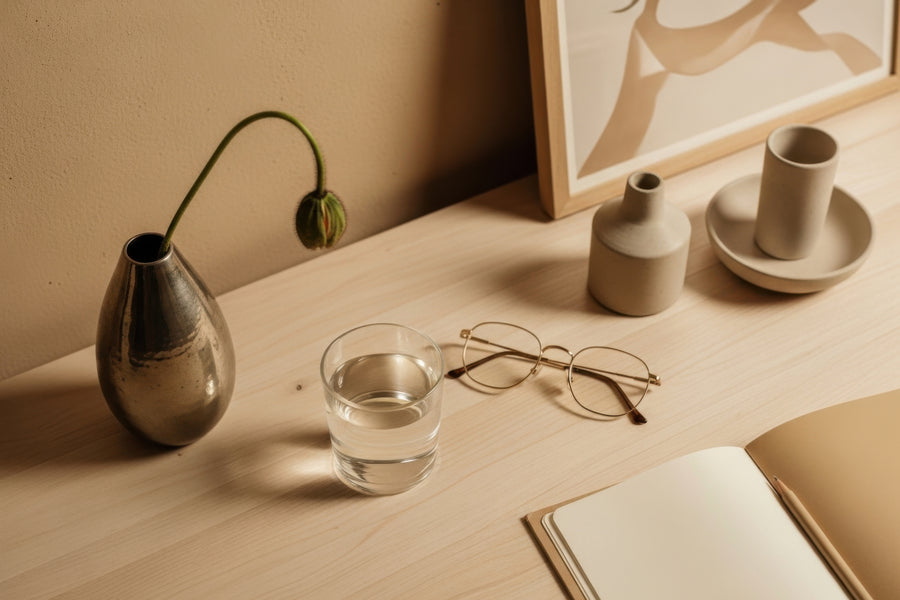 A styled tabletop scene with a metallic vase holding a single stem, a clear glass of water, eyeglasses, a small ceramic bottle, a cup on a saucer, and an open notebook on a light wood surface against a warm beige wall.