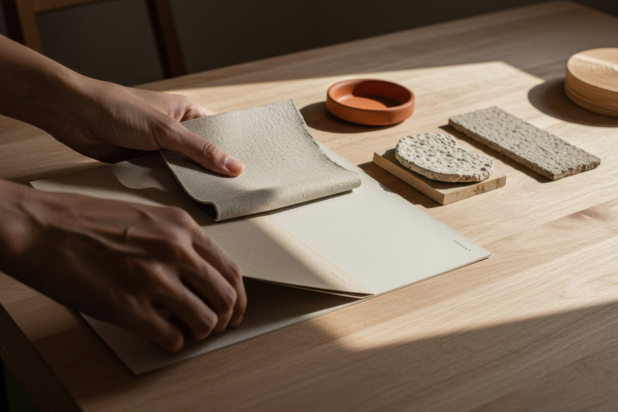 Hands placing a textured beige fabric napkin or paper towel onto a light wood table, alongside other natural fiber kitchen items under warm sunlight.