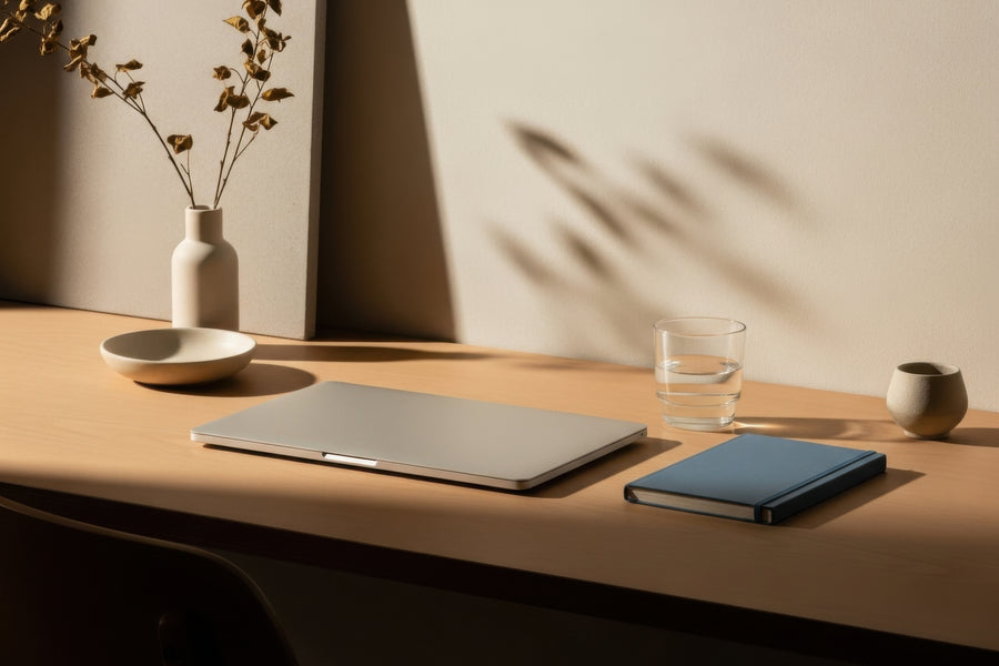 Minimalist wooden desk workspace featuring a closed silver laptop, blue notebook, glass of water, ceramic vase with dried branches, and warm natural sunlight.