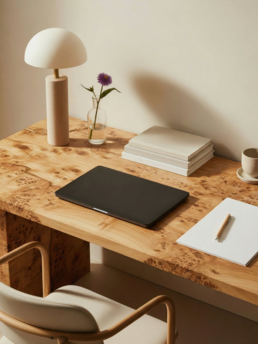 A styled home office scene featuring a light oak burl wood desk with a black laptop, a white mushroom lamp, a small glass vase with a purple flower, a stack of books, a cup, and a writing pad with a pen on a cream-colored chair.