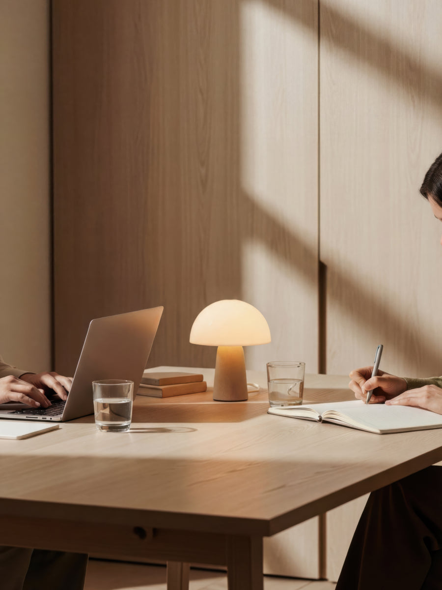 A warm, minimalist mushroom-shaped table lamp sits on a light wood desk between two people working in a sunlit room with wood-paneled walls.