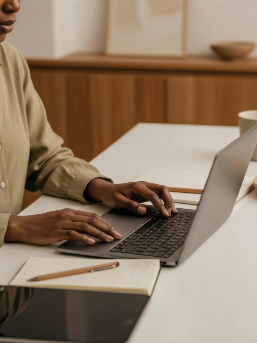 A person in a beige shirt types on a laptop at a white desk, with an open notebook and pencil nearby in a softly lit indoor setting.