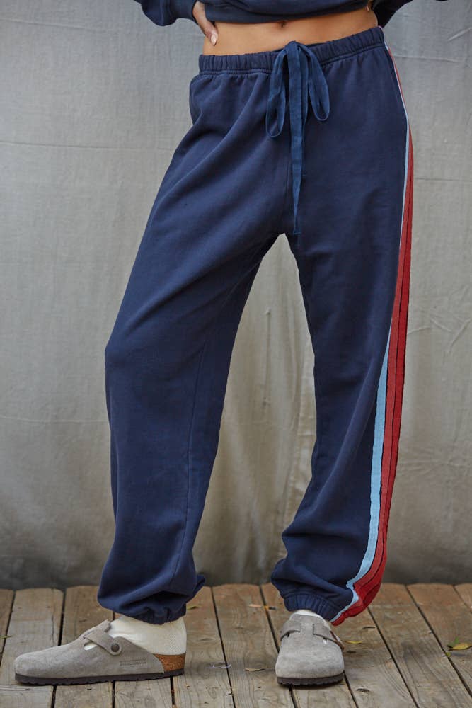 Knit Cotton Multi Color Stripe Detail Joggers – Navy