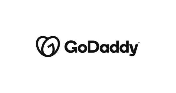 The GoDaddy logo in black, featuring a stylized heart-like 'G' icon next to the brand name, centered on a plain white background.