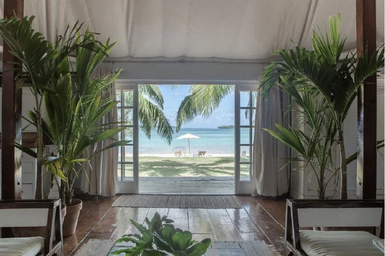 A tropical beach scene viewed from inside a room with large glass doors, white curtains, wooden floors, and tall potted palm plants. The view outside shows a sandy beach, blue water, and palm trees under a bright sky.