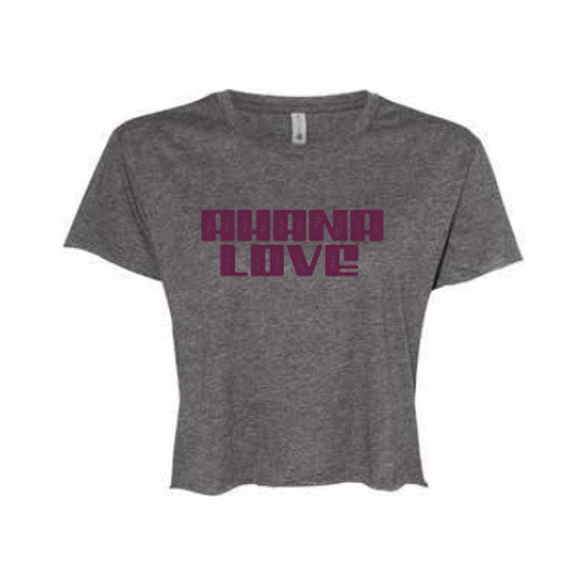Ahana Love crop top in Charcoal with plum Ahana Love logo on the front