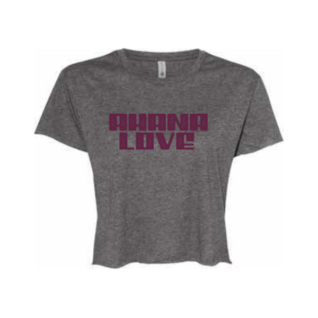 Ahana Love crop top in Charcoal with plum Ahana Love logo on the front