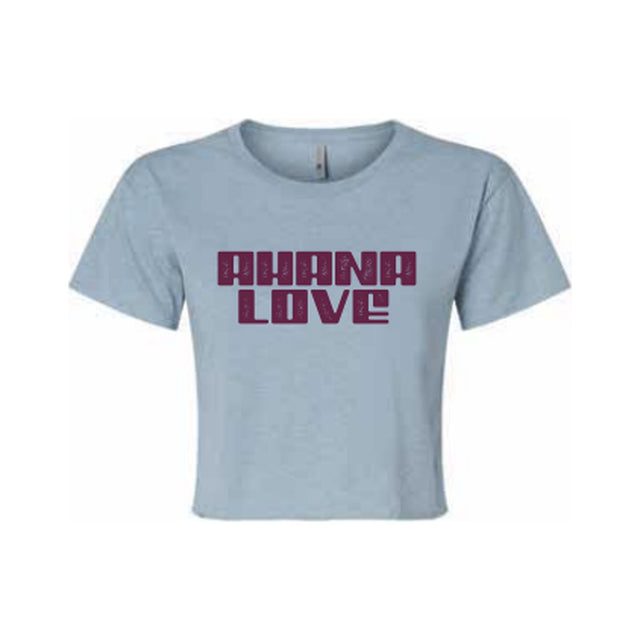 Ahana Love crop top in Stonewash Denim with plum Ahana Love logo on the front
