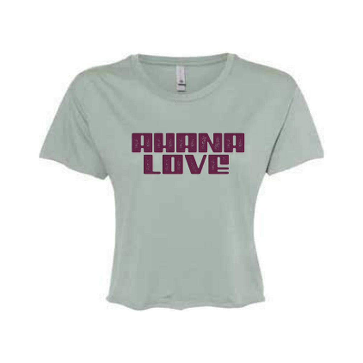 Ahana Love crop top in Stonewash Green with plum Ahana Love logo on the front